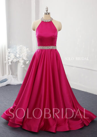 Colorful custom made halter A line satin long evening dresses 724A4828