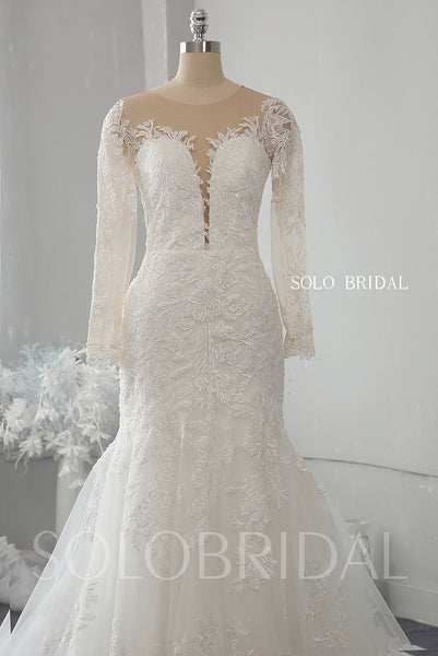 Ivory Plunge Neckline Fit and Flare Lace Wedding Dress 724A7102a