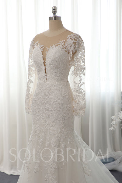 Ivory Plunge Neckline Fit and Flare Lace Wedding Dress 724A7102a