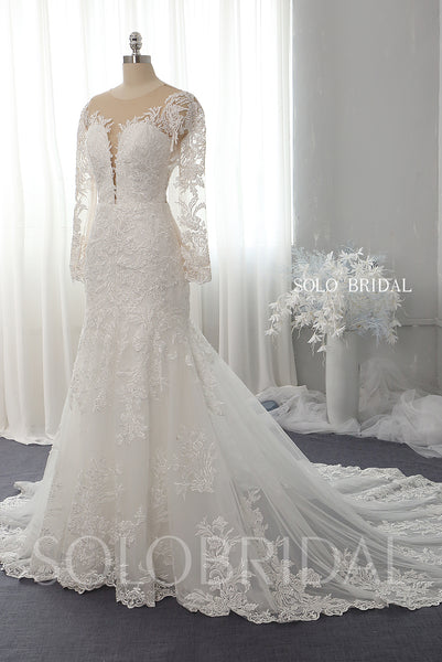 Ivory Plunge Neckline Fit and Flare Lace Wedding Dress 724A7102a