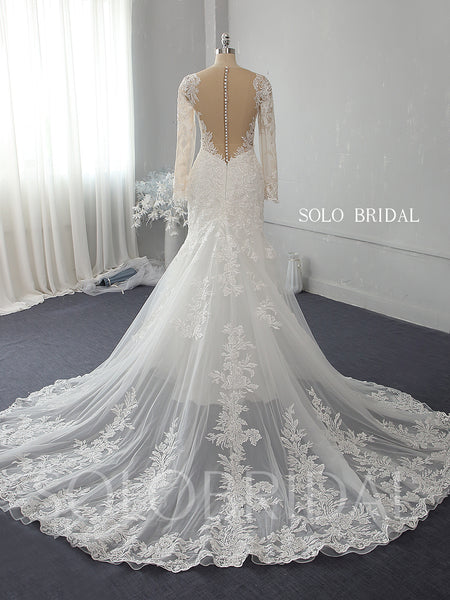 Ivory Plunge Neckline Fit and Flare Lace Wedding Dress 724A7102a