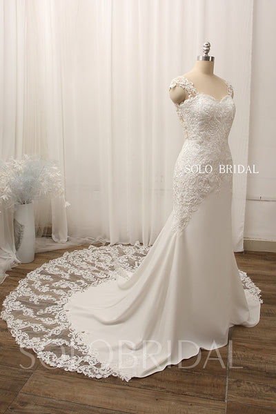 Ivory fit and flare lace cathedral train crepe wedding dress 724A8155a