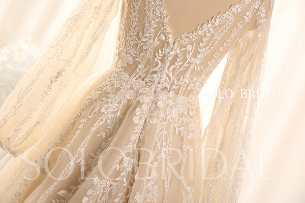 Champagne light floaty long sleeve lace tulle wedding dress 724A8942a