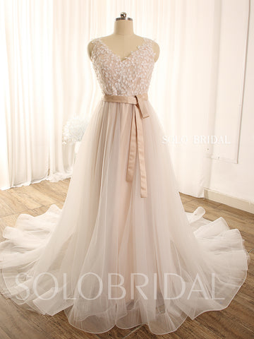 Blush A line leaf lace tulle light floaty wedding dress 724A9002a