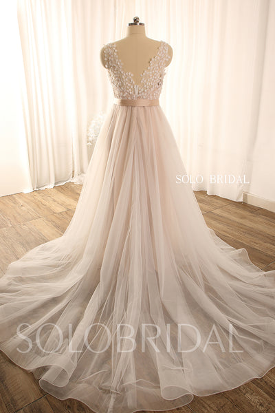 Blush A line leaf lace tulle light floaty wedding dress 724A9002a