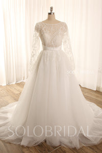 Ivory long sleeve A line leaf sparkly tulle wedding dress 724A9031a