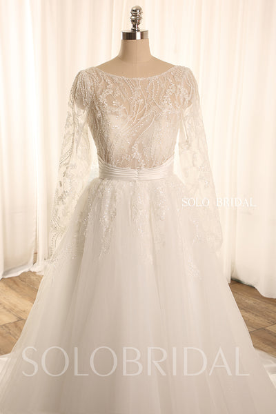 Ivory long sleeve A line leaf sparkly tulle wedding dress 724A9031a