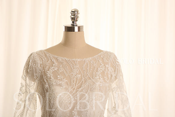 Ivory long sleeve A line leaf sparkly tulle wedding dress 724A9031a