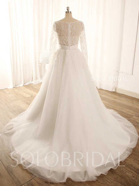 Ivory long sleeve A line leaf sparkly tulle wedding dress 724A9031a