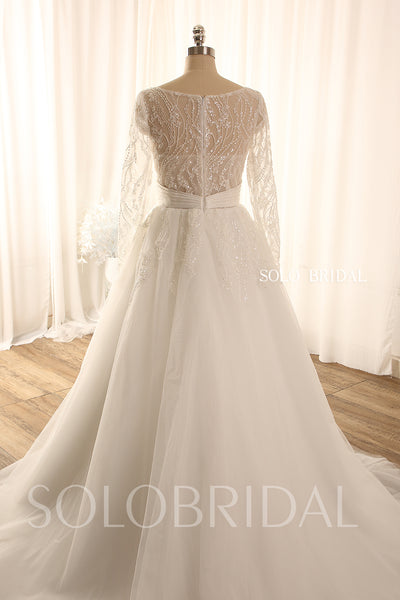 Ivory long sleeve A line leaf sparkly tulle wedding dress 724A9031a