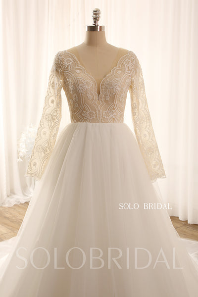 Ivory long sleeve lace A line tulle light wedding dress 724A9098a