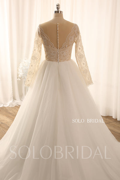 Ivory long sleeve lace A line tulle light wedding dress 724A9098a
