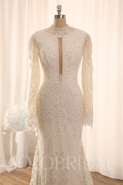 Ivory fit and flare long sleeve open neck sparkly wedding dress 724A9202