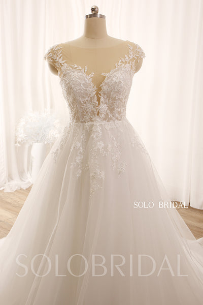 Ivory A Line Illusion Neck Tulle Wedding Dress with Lace 724A9244