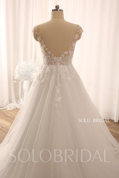 Ivory A Line Illusion Neck Tulle Wedding Dress with Lace 724A9244