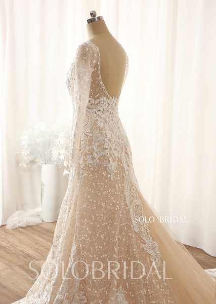 Dark champagne fit and flare lace long sleeve wedding dress 724A9463a