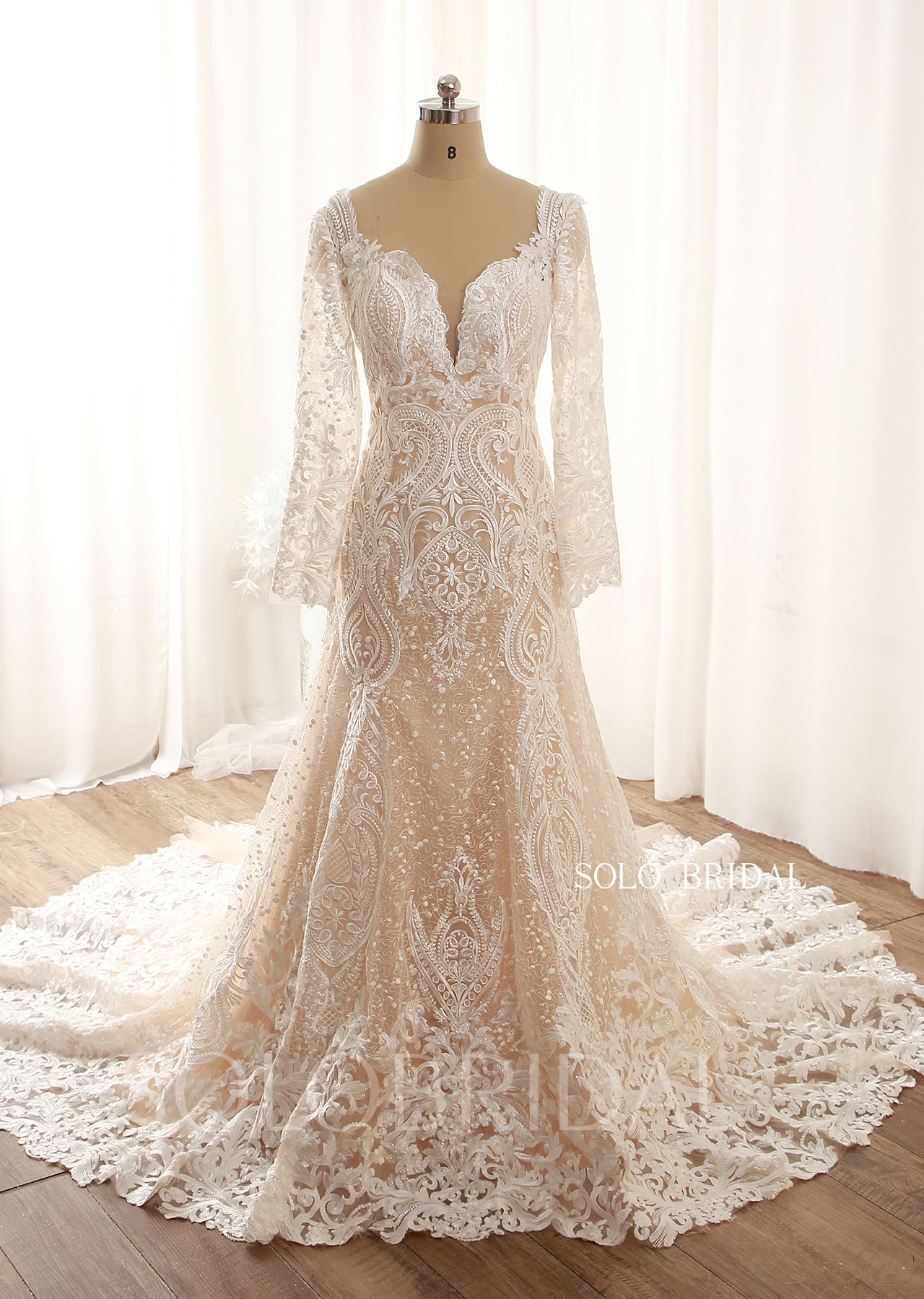 Dark champagne fit and flare lace long sleeve wedding dress 724A9463a SoloBridal Dark champagne fit and flare lace long sleeve wedding dress 724A9463a SoloBridal