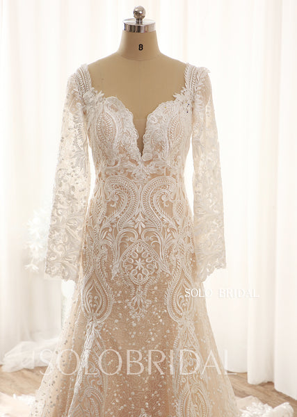 Dark champagne fit and flare lace long sleeve wedding dress 724A9463a