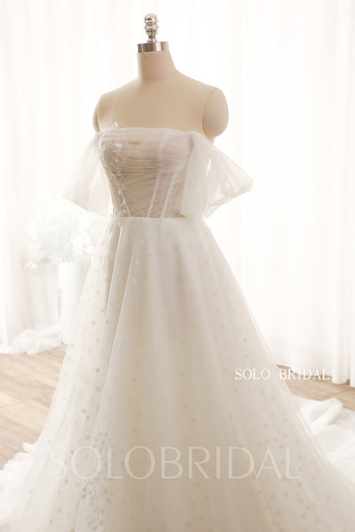 Ivory Straight Bust-line Off Shoulder Dotted Tulle A Line Wedding Dress 724A9857