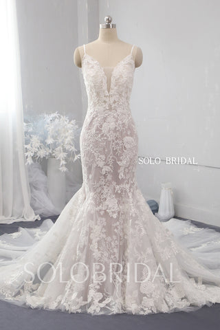 Mermaid deep bustline spaghetti straps lace wedding dress 724A9916