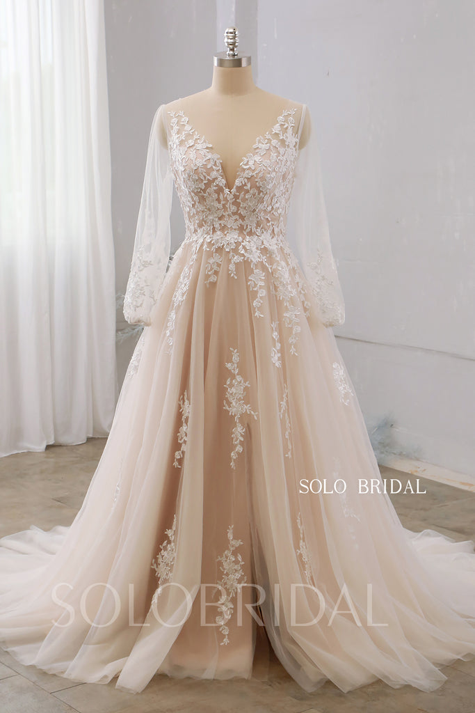 dark champagne wedding dress Dark Champagne deep V neck slit long sleeve wedding dress 724A9927 – SoloBridal