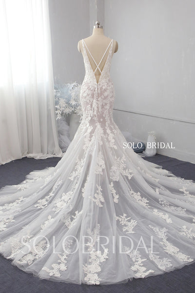 Mermaid deep bustline spaghetti straps lace wedding dress 724A9916
