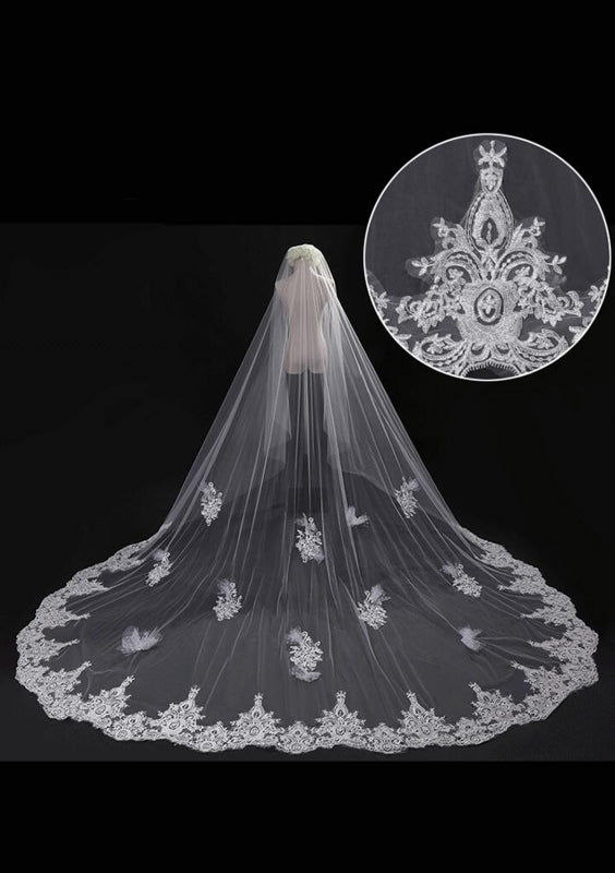 Cathedral Blusher Wedding Veil Embroidered Lace Edge
