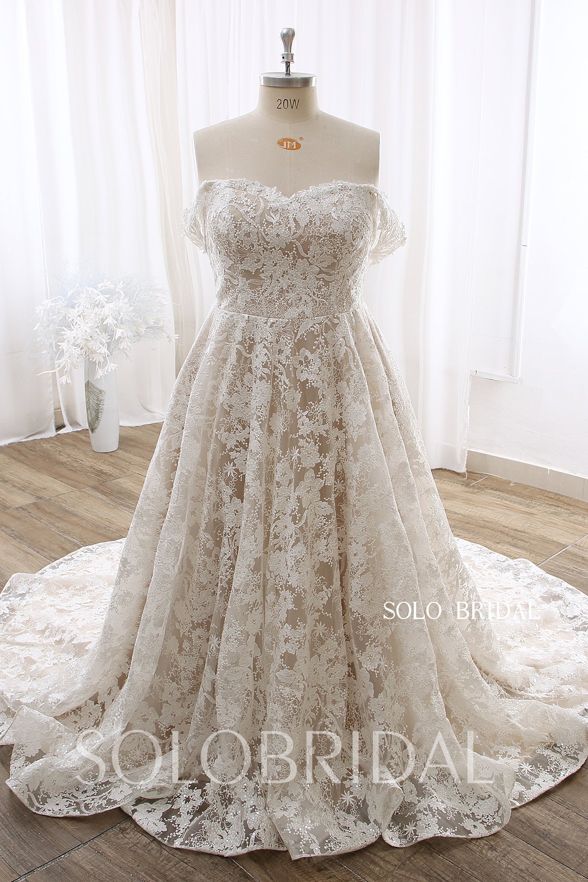 Dark Champagne Off Shoulder A Line Cathedral Train Lace Wedding Dress DPP_0001