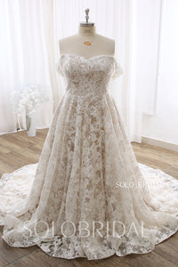 Dark Champagne Off Shoulder A Line Cathedral Train Lace Wedding Dress DPP_0001