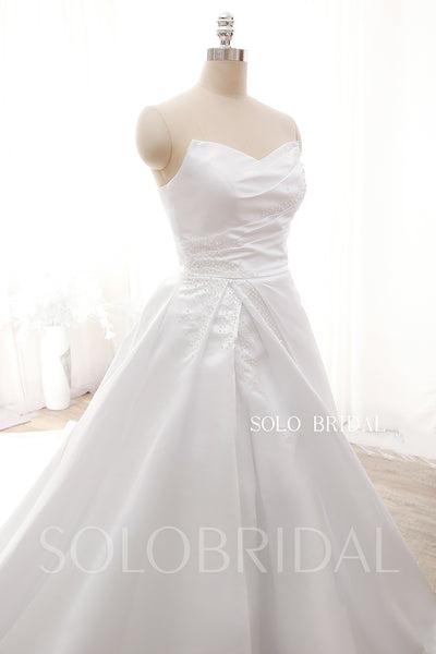 DPP_0001 Hot Sale White Popular Split Satin Pleated with Pearls A Line Wedding Dress