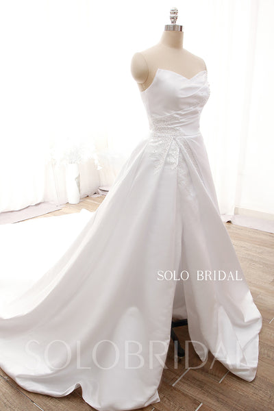 DPP_0001 Hot Sale White Popular Split Satin Pleated with Pearls A Line Wedding Dress