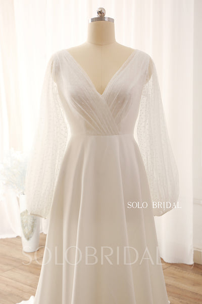 Ivory V neck A Line Long Sleeves Wedding Dress DPP_0008