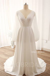 Ivory V neck A Line Long Sleeves Wedding Dress DPP_0008