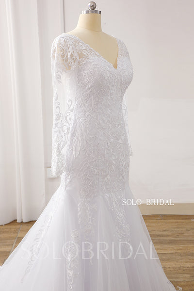 White V neck Long Sleeve Court Train Zipper Mermaid Wedding Dress DPP_0002