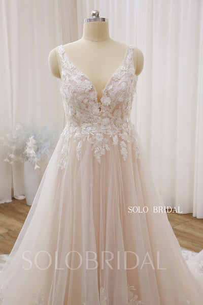 Blush A Line V Neck Sleeveless Court Train Wedding Dress DPP_000a