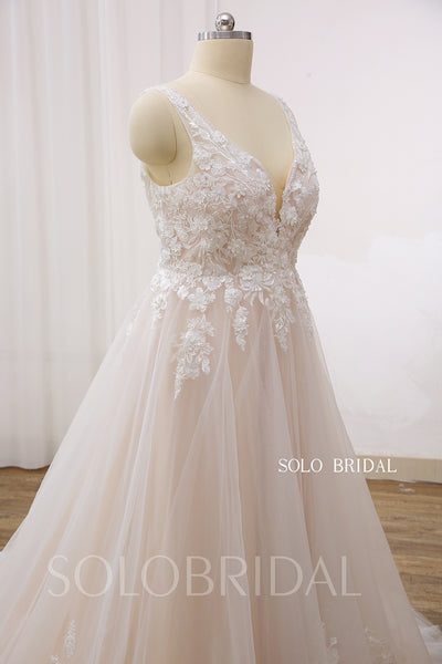 Blush A Line V Neck Sleeveless Court Train Wedding Dress DPP_000a