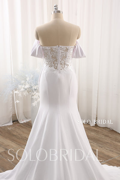 White Fit and Flare Off Shoulder Crepe Wedding Dress with Lace Tail DPP_000a