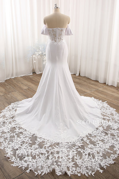 White Fit and Flare Off Shoulder Crepe Wedding Dress with Lace Tail DPP_000a