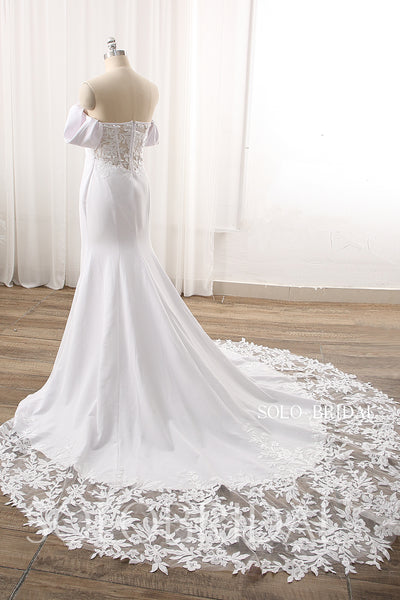 White Fit and Flare Off Shoulder Crepe Wedding Dress with Lace Tail DPP_000a