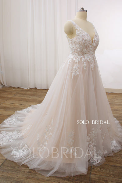 Blush A Line V Neck Sleeveless Court Train Wedding Dress DPP_000a