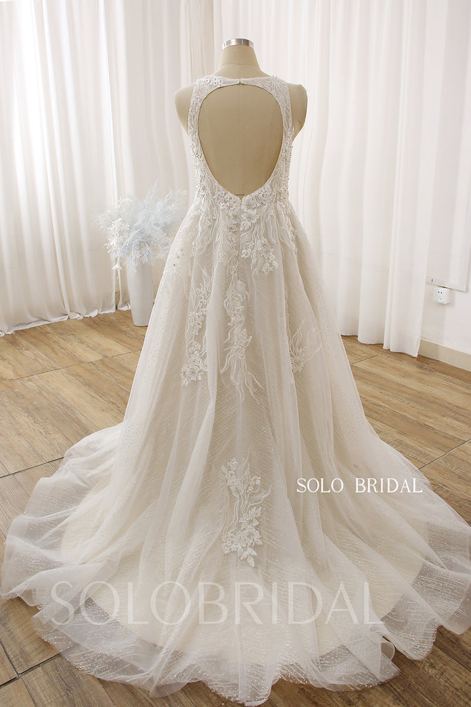 Beige A Line V Neck Keyhole Back Court Train Sparkly Wedding Dress DPP SoloBridal Beige A Line V Neck Keyhole Back Court Train Sparkly Wedding Dress DPP SoloBridal