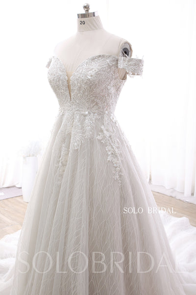 Grey Off Shoulder A line Long Train Wedding Dress DPP_000b