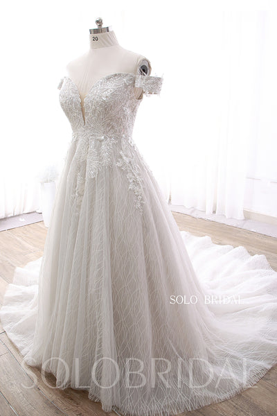 Grey Off Shoulder A line Long Train Wedding Dress DPP_000b