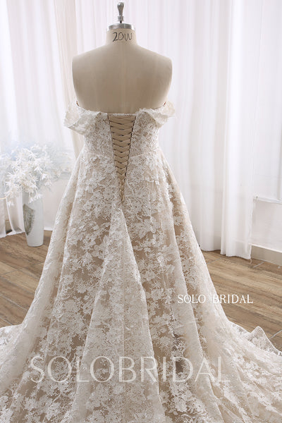 Dark Champagne Off Shoulder A Line Cathedral Train Lace Wedding Dress DPP_0001