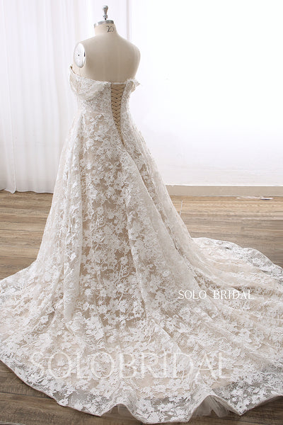 Dark Champagne Off Shoulder A Line Cathedral Train Lace Wedding Dress DPP_0001