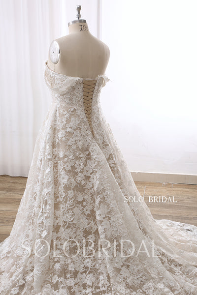 Dark Champagne Off Shoulder A Line Cathedral Train Lace Wedding Dress DPP_0001