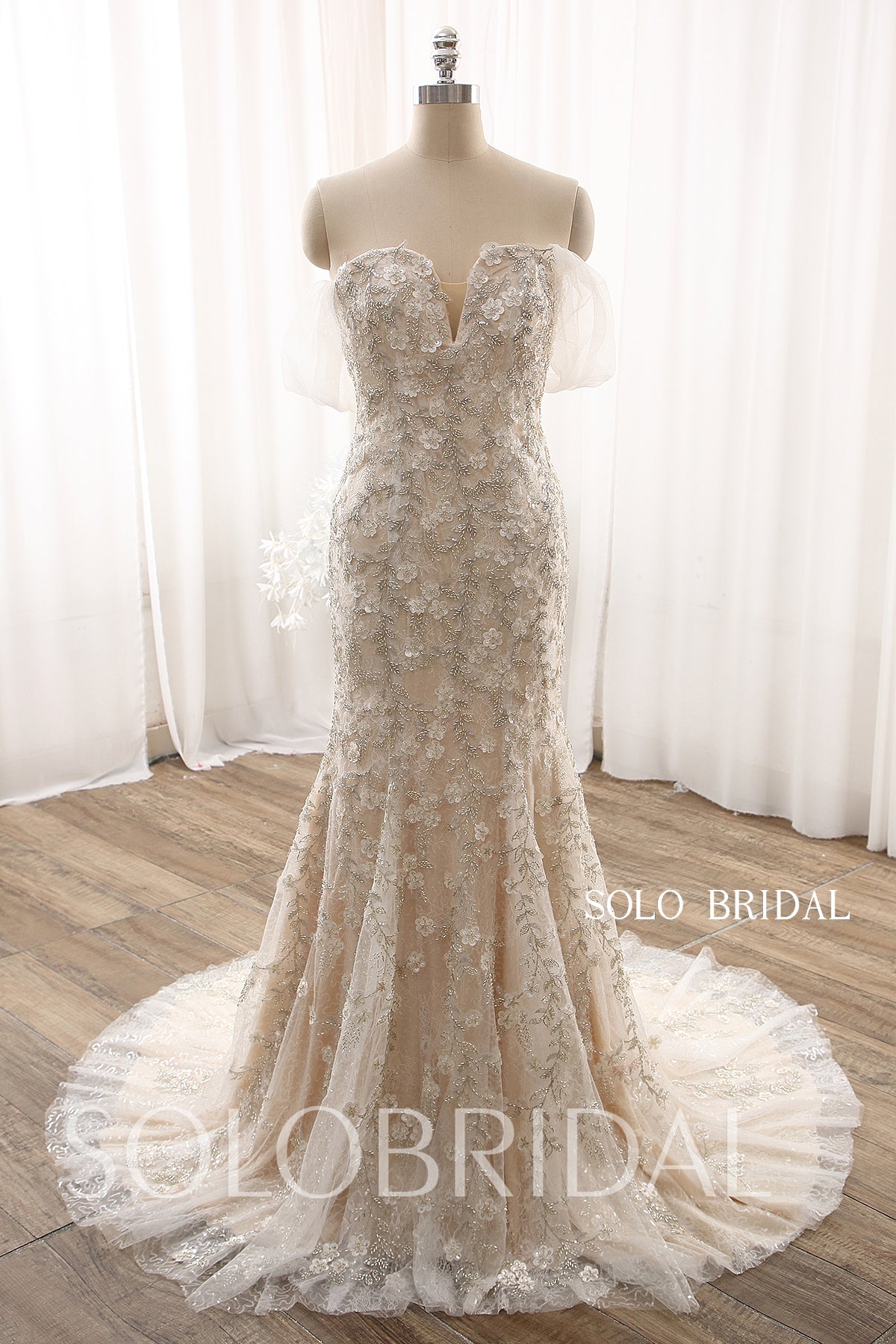 Champagne Fit and Flare Overskirt Heavy Beading Wedding Dress DPP_0016