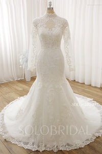 Ivory Mermaid Square Mesh Cotton Lace Cathedral Train Wedding Dress DPP_0017