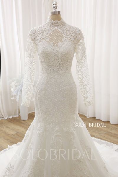 Ivory Mermaid Square Mesh Cotton Lace Cathedral Train Wedding Dress DPP_0017