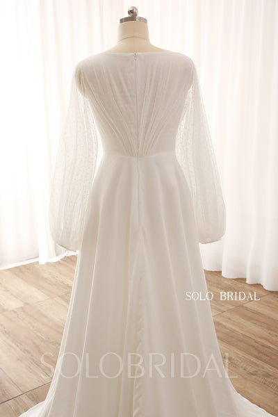 Ivory V neck A Line Long Sleeves Wedding Dress DPP_0008